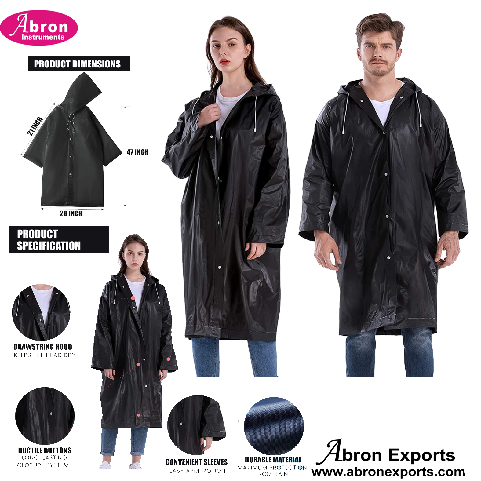 Rain Coat Unisex EVA Black Mens Ladies Waterproof Jacket Top With Hood L 145-165cm XL155-175cm Abron